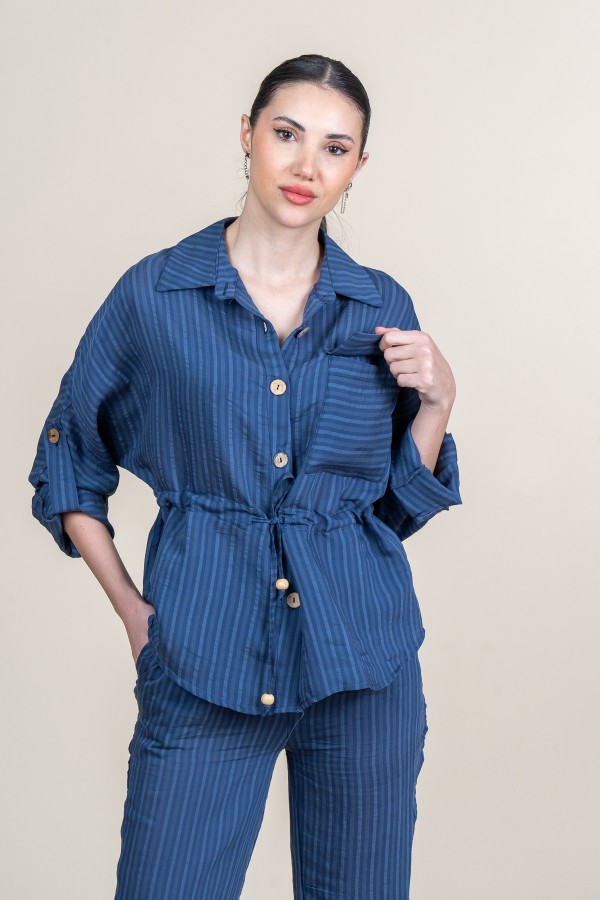 Bel Büzgü Detaylı Gömlek ve Bel Lastikli Spor Pantolon Çizgili Takım 1299 Bel Büzgü Detaylı Gömlek ve Bel Lastikli Spor Pantolon Çizgili Takım 1299