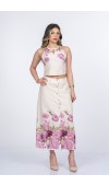 Boyun Bağlama Çiçek Desenli Crop Bluz ve Piliseli Midi Etek Takım 1313