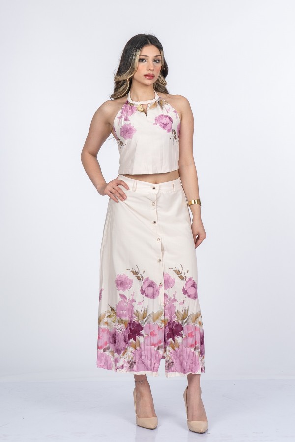 Boyun Bağlama Çiçek Desenli Crop Bluz ve Piliseli Midi Etek Takım 1313