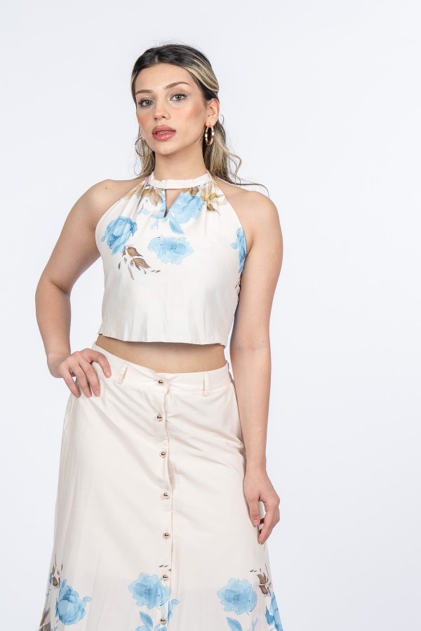 Boyun Bağlama Çiçek Desenli Crop Bluz ve Piliseli Midi Etek Takım 1313