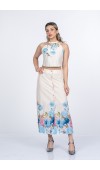 Boyun Bağlama Çiçek Desenli Crop Bluz ve Piliseli Midi Etek Takım 1313