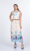 Boyun Bağlama Çiçek Desenli Crop Bluz ve Piliseli Midi Etek Takım 1313