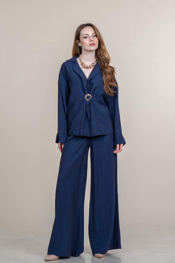 Broş Detaylı Büzgülü Bluz ve Pantolon Takım 1312