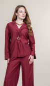 Broş Detaylı Büzgülü Bluz ve Pantolon Takım 1312