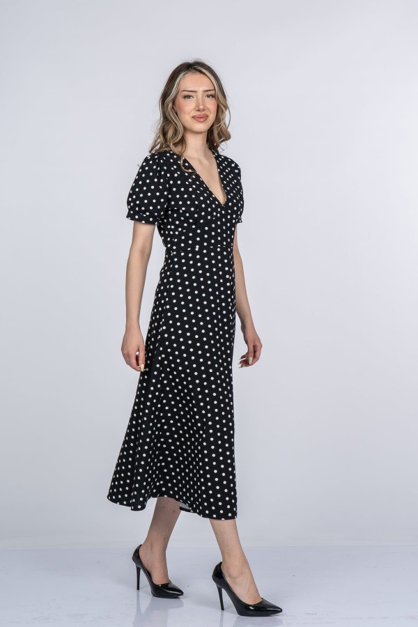 Celine Premium V Yaka Kısa Kollu Puantiye Desen Elbise 50412 Celine Premium V Yaka Kısa Kollu Puantiye Desen Elbise 50412