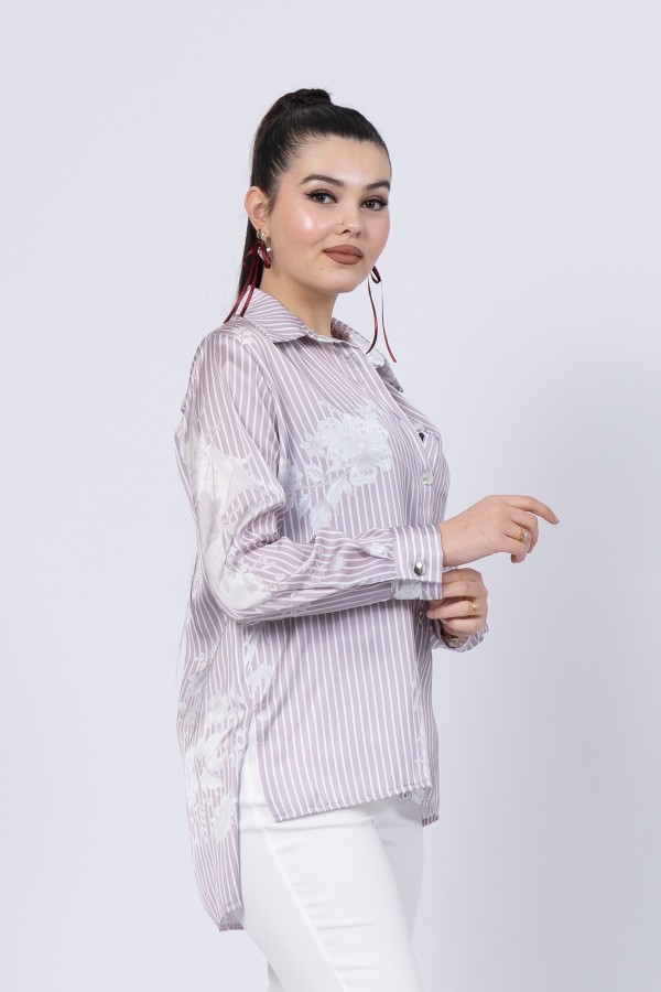 Çiçek Desenli Çizgili Uzun Gömlek 70020 Çiçek Desenli Çizgili Uzun Gömlek 70020