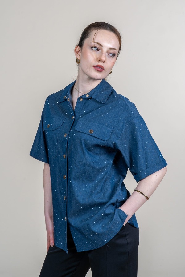 Çıtçıt Düğmeli Taş Baskı Detaylı Kısa Kollu Denim Lİkralı Gömlek 70025