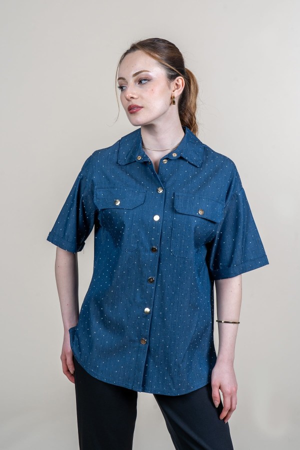 Çıtçıt Düğmeli Taş Baskı Detaylı Kısa Kollu Denim Lİkralı Gömlek 70025