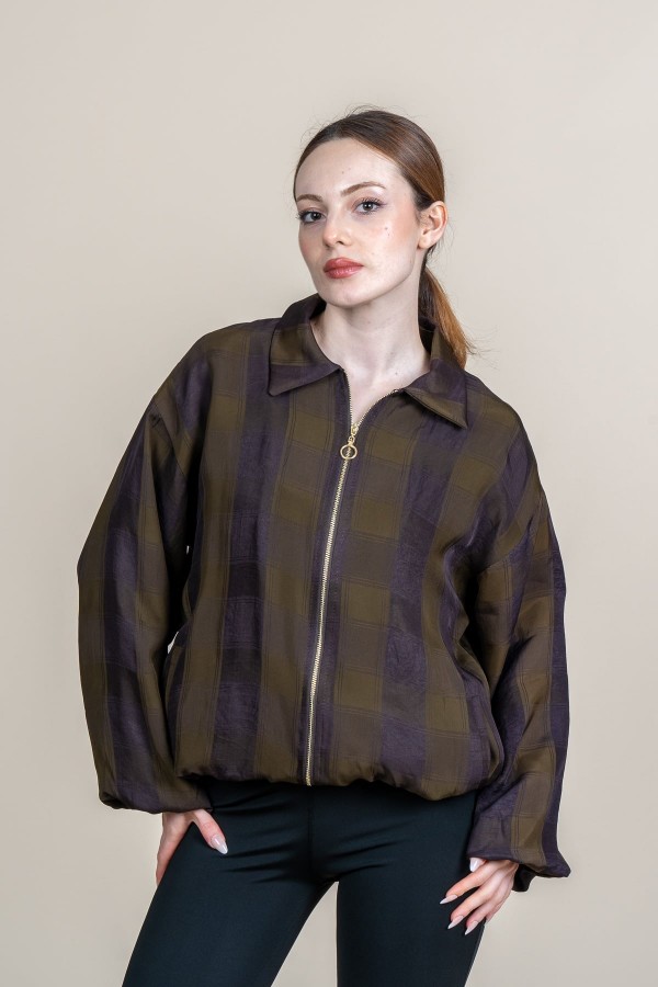 Ekose Desen Bel Lastikli Spor Bomber Ceket 8636