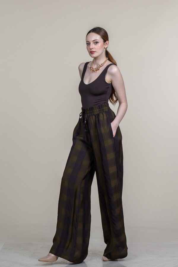 Ekose Desen Beli Lastikli Bol Paça Pantolon 30377