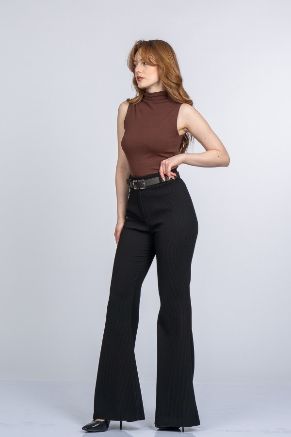 Elegant İspanyol Paça Kadın Pantolon - Yüksek Bel Kemerli Likralı Fitilli Krep Kumaş Elegant İspanyol Paça Kadın Pantolon - Yüksek Bel Kemerli Likralı Fitilli Krep Kumaş