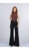 Elegant İspanyol Paça Kadın Pantolon - Yüksek Bel Kemerli Likralı Fitilli Krep Kumaş