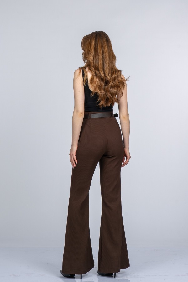 Elegant İspanyol Paça Kadın Pantolon - Yüksek Bel Kemerli Likralı Fitilli Krep Kumaş Elegant İspanyol Paça Kadın Pantolon - Yüksek Bel Kemerli Likralı Fitilli Krep Kumaş