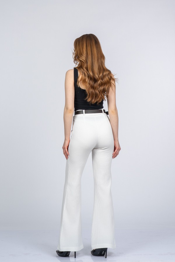Elegant İspanyol Paça Kadın Pantolon - Yüksek Bel Kemerli Likralı Fitilli Krep Kumaş Elegant İspanyol Paça Kadın Pantolon - Yüksek Bel Kemerli Likralı Fitilli Krep Kumaş
