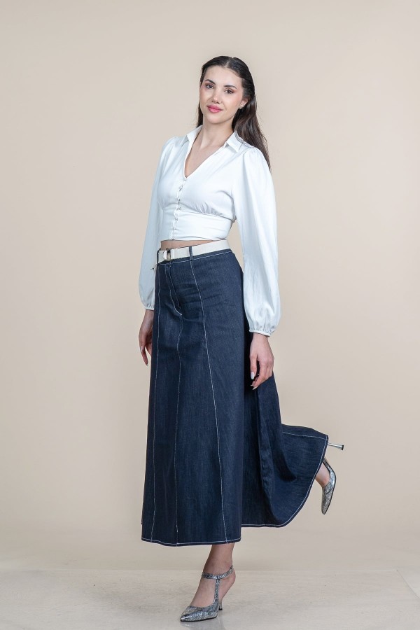 Garni Dikişli Kemerli Kot Denim Etek 6885