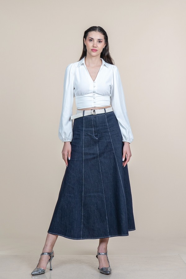 Garni Dikişli Kemerli Kot Denim Etek 6885