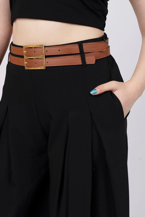 Kemer Detaylı Çift Pilikaşeli Beli Lastikli Bol Paça Pantolon Kemer Detaylı Çift Pilikaşeli Beli Lastikli Bol Paça Pantolon