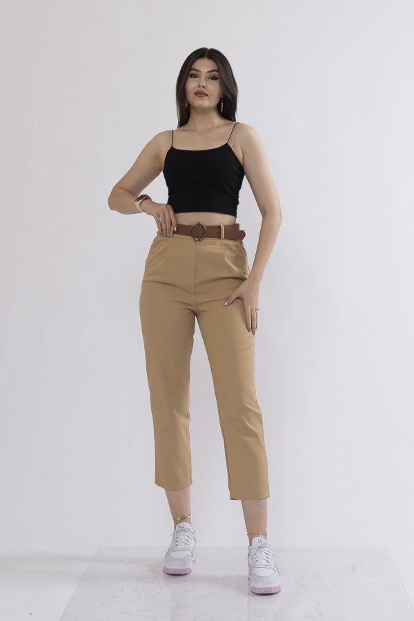 Kemerli Gabardin Kot Kumaş Kalem Denim Pantolon 3880
