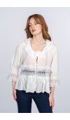 Lace Yaka Fırfır ve Bel Tül Dantel Detaylı Kadın Bluz Gömlek
