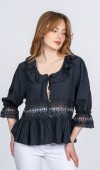 Lace Yaka Fırfır ve Bel Tül Dantel Detaylı Kadın Bluz Gömlek Lace Yaka Fırfır ve Bel Tül Dantel Detaylı Kadın Bluz Gömlek