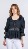 Lace Yaka Fırfır ve Bel Tül Dantel Detaylı Kadın Bluz Gömlek Lace Yaka Fırfır ve Bel Tül Dantel Detaylı Kadın Bluz Gömlek
