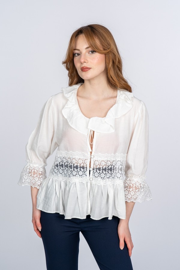 Lace Yaka Fırfır ve Bel Tül Dantel Detaylı Kadın Bluz Gömlek Lace Yaka Fırfır ve Bel Tül Dantel Detaylı Kadın Bluz Gömlek