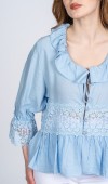Lace Yaka Fırfır ve Bel Tül Dantel Detaylı Kadın Bluz Gömlek