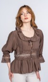 Lace Yaka Fırfır ve Bel Tül Dantel Detaylı Kadın Bluz Gömlek