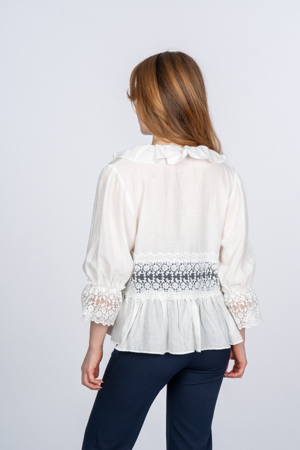 Lace Yaka Fırfır ve Bel Tül Dantel Detaylı Kadın Bluz Gömlek Lace Yaka Fırfır ve Bel Tül Dantel Detaylı Kadın Bluz Gömlek