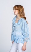 Lace Yaka Fırfır ve Bel Tül Dantel Detaylı Kadın Bluz Gömlek