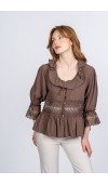Lace Yaka Fırfır ve Bel Tül Dantel Detaylı Kadın Bluz Gömlek