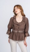 Lace Yaka Fırfır ve Bel Tül Dantel Detaylı Kadın Bluz Gömlek