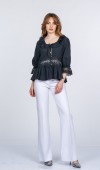 Lace Yaka Fırfır ve Bel Tül Dantel Detaylı Kadın Bluz Gömlek Lace Yaka Fırfır ve Bel Tül Dantel Detaylı Kadın Bluz Gömlek