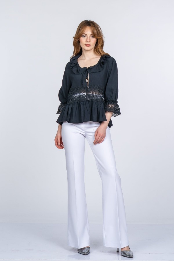 Lace Yaka Fırfır ve Bel Tül Dantel Detaylı Kadın Bluz Gömlek Lace Yaka Fırfır ve Bel Tül Dantel Detaylı Kadın Bluz Gömlek