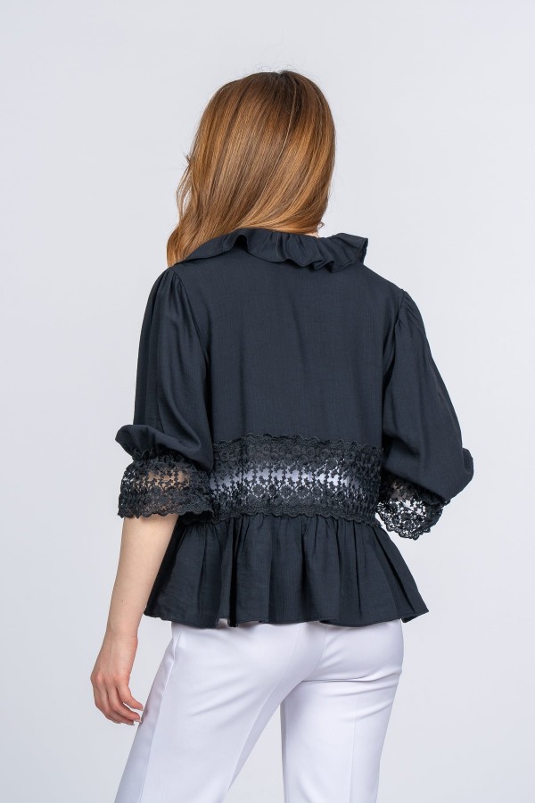 Lace Yaka Fırfır ve Bel Tül Dantel Detaylı Kadın Bluz Gömlek Lace Yaka Fırfır ve Bel Tül Dantel Detaylı Kadın Bluz Gömlek