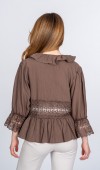 Lace Yaka Fırfır ve Bel Tül Dantel Detaylı Kadın Bluz Gömlek