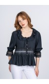 Lace Yaka Fırfır ve Bel Tül Dantel Detaylı Kadın Bluz Gömlek