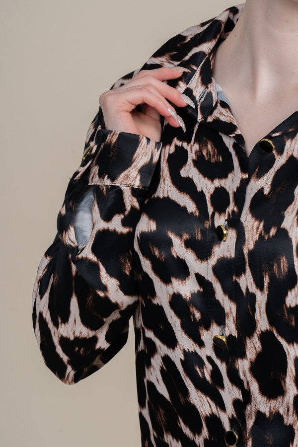 Leopar Desen Uzun Kol Saten Gömlek 70056
