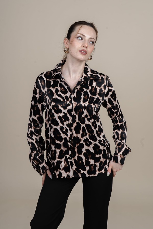 Leopar Desen Uzun Kol Saten Gömlek 70056
