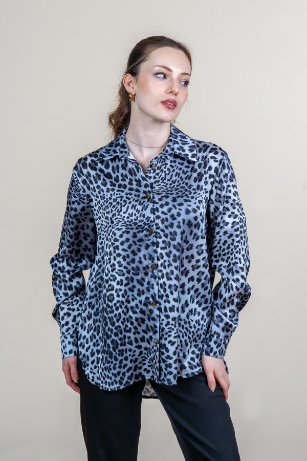 Leopar Desen Uzun Kollu Saten Gömlek 70018