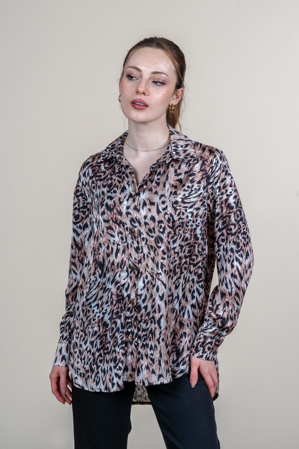 Leopar Desen Uzun Kollu Saten Gömlek 70018