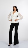 Luna Blouse - Kadın Ceket Yaka Tül Kollu Boncuk Detaylı Bluz 201