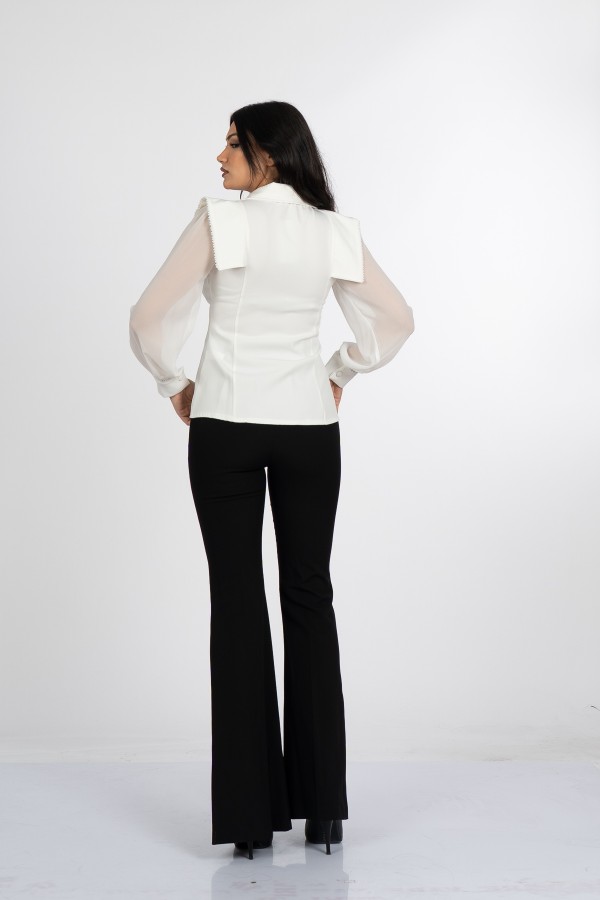 Luna Blouse - Kadın Ceket Yaka Tül Kollu Boncuk Detaylı Bluz 201