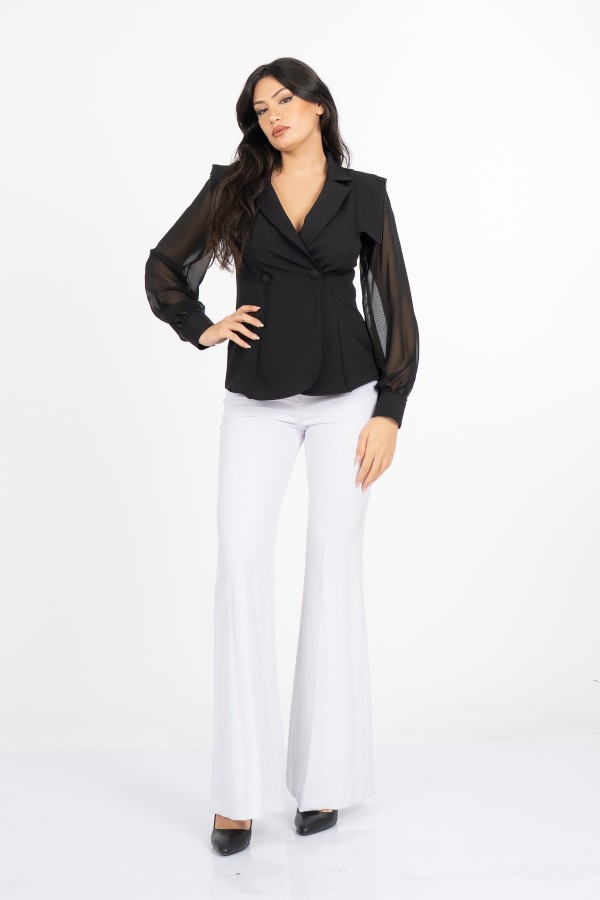 Luna Blouse - Kadın Ceket Yaka Tül Kollu Boncuk Detaylı Bluz 201 Luna Blouse - Kadın Ceket Yaka Tül Kollu Boncuk Detaylı Bluz 201