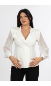 Luna Blouse - Kadın Ceket Yaka Tül Kollu Boncuk Detaylı Bluz 201