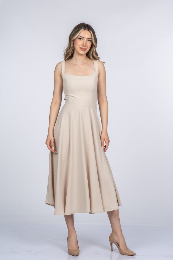 Mayra Premium Askılı Kare Yaka Uzun Midi Elbise 50411