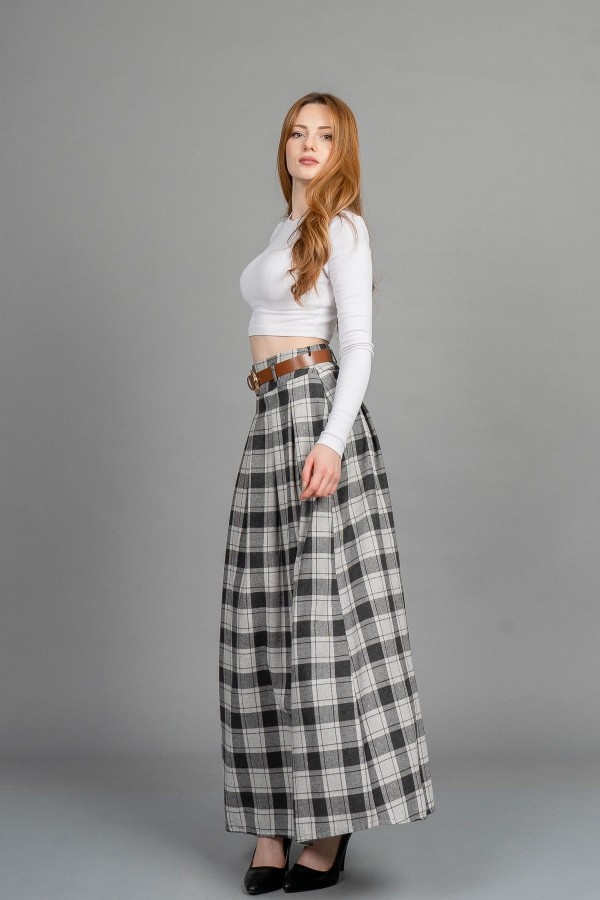 MissVina Ekose Desenli Yandan Fermuarlı Kemerli Maxi Etek 6846 MissVina Ekose Desenli Yandan Fermuarlı Kemerli Maxi Etek 6846