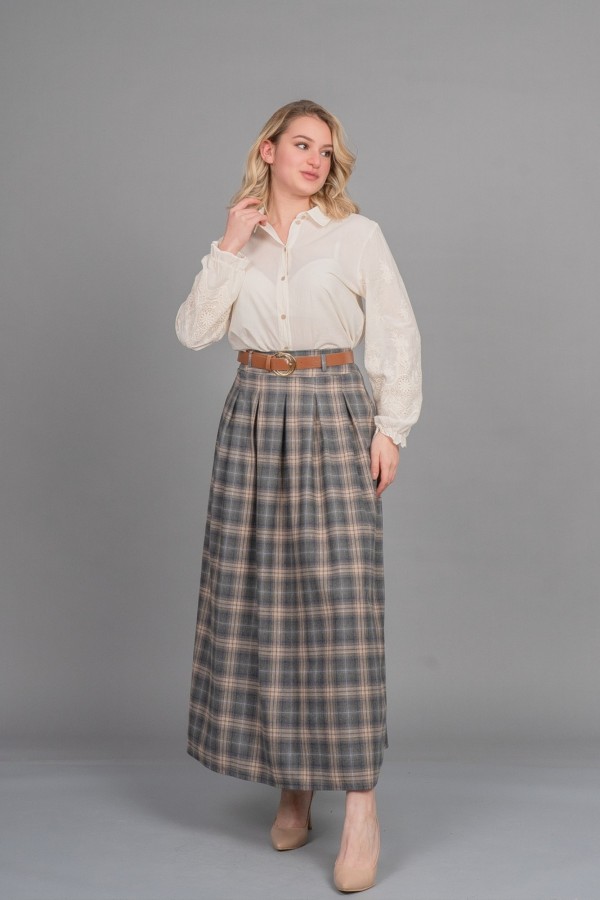 MissVina Ekose Desenli Yandan Fermuarlı Kemerli Maxi Etek 6846 MissVina Ekose Desenli Yandan Fermuarlı Kemerli Maxi Etek 6846