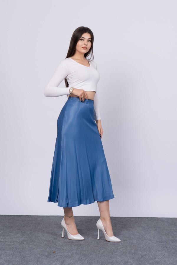 MissVina Saten Kumaş Beli Lastikli Desenli Etek 6679