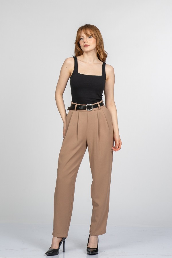 Monsere Beli Lastikli Yüksek Bel Dar Paça Kadın Pantolon